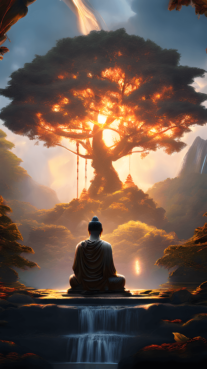 Buddha meditating under a mystical glowing tree - representing integrated wellness and spiritual practice